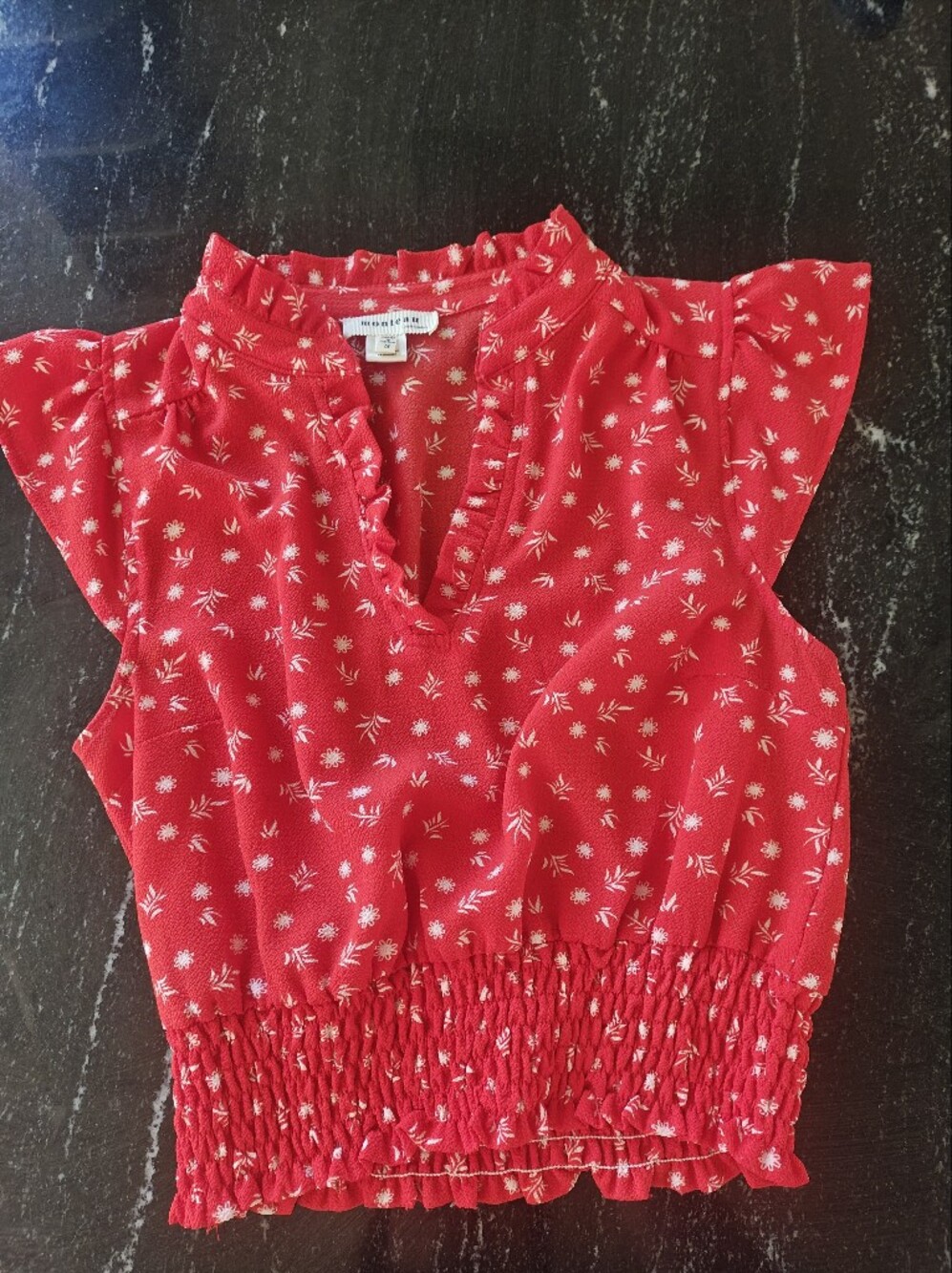 Monteau Red Floral Smocked-Waist Top